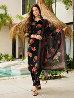 Thumbnail for The52 Black Women's Gorgeous Printed Silk Blend Fabric Straight Kurta, Pant and Dupatta Set - Distacart
