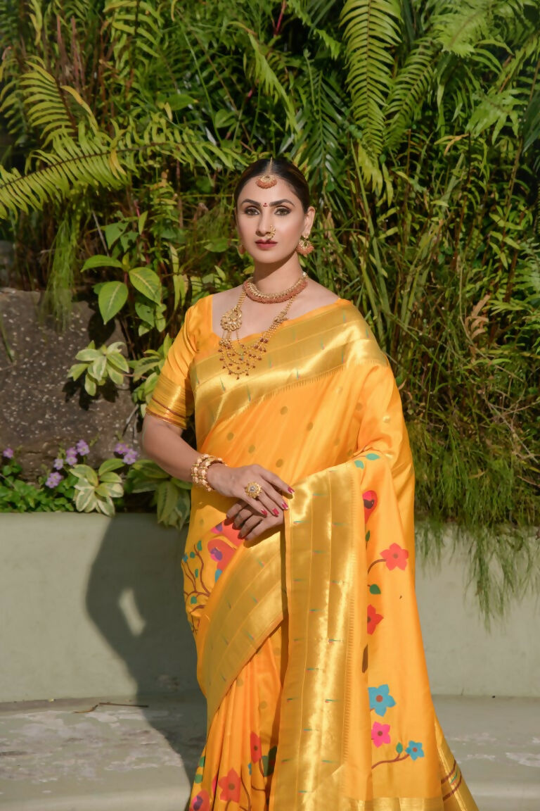 Jyoti Fashion Women's Yellow Paithani Silk Zari Woven Saree with Blouse - Distacart