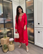 Thumbnail for The52 Red Beautiful Embroidered Rayon Fabric Straight Kurta Pant with Dupatta Set - Distacart