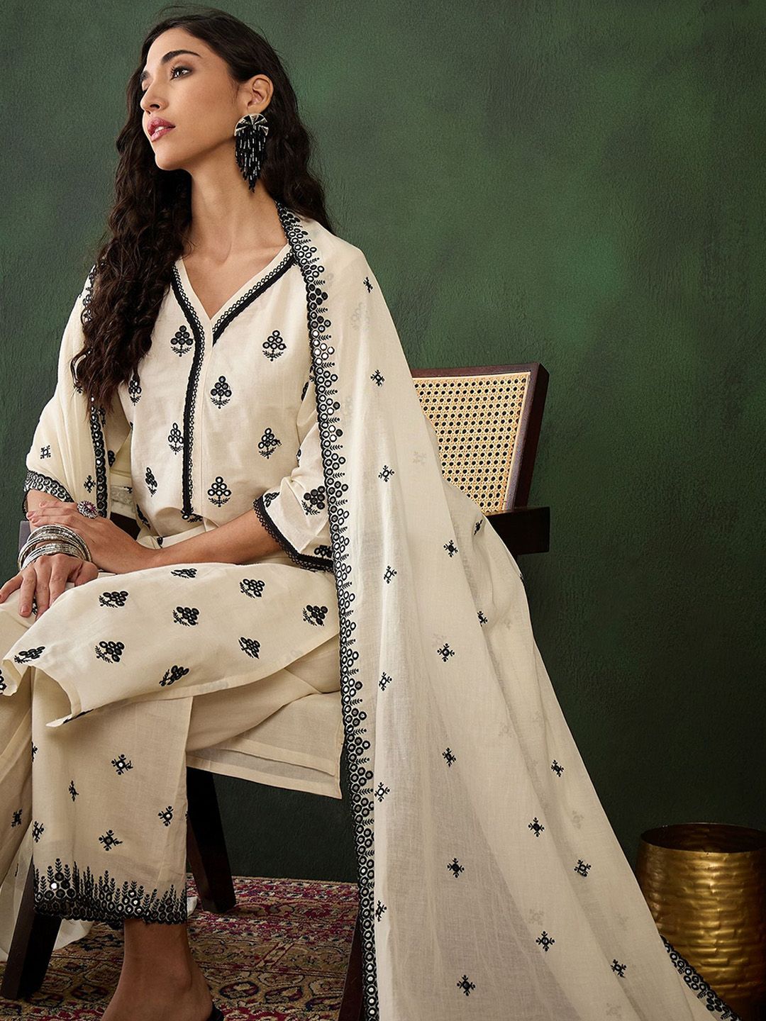 Sangria Off White Floral Embroidered Pure Cotton Mirror Work Kurta & Palazzos With Dupatta - Distacart