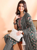 Thumbnail for Ode by House of Pataudi Printed Mirror Work Pure Cotton Kurta With Trousers & Dupatta - Distacart