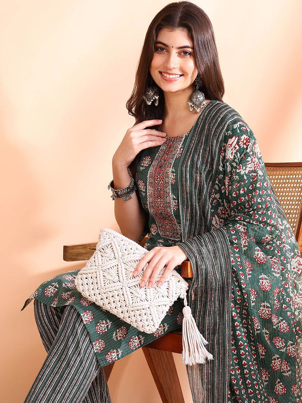 Ode by House of Pataudi Printed Mirror Work Pure Cotton Kurta With Trousers & Dupatta - Distacart
