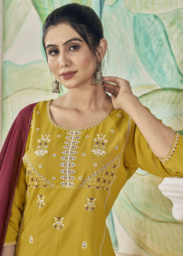 Jyoti Fashion Women's Mustard Pure Viscose Weaving Stripe with Embroidery Kurta Set - Distacart