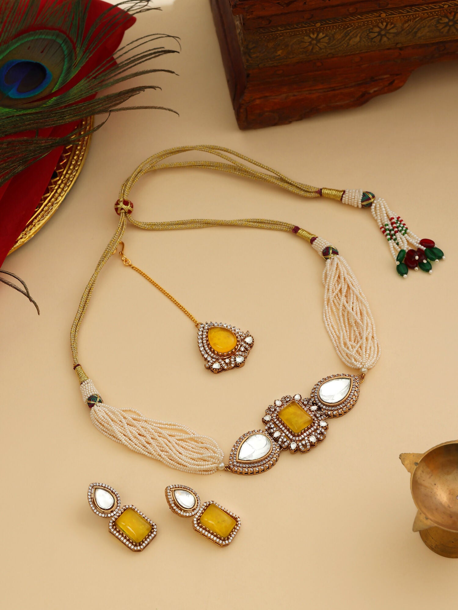 Ruby Raang 22k Gold Polished Green Stone And Moissanite Necklace With Matching Earrings And Maang Tikka