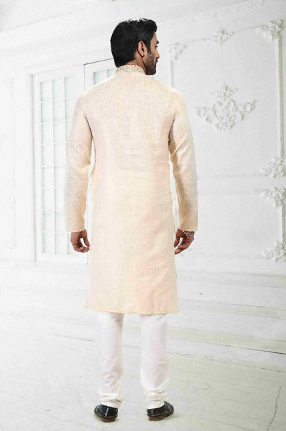 Raivat Ethnic Linen Cotton Thread Work Kurta Pajama In Beige Colour - Dista