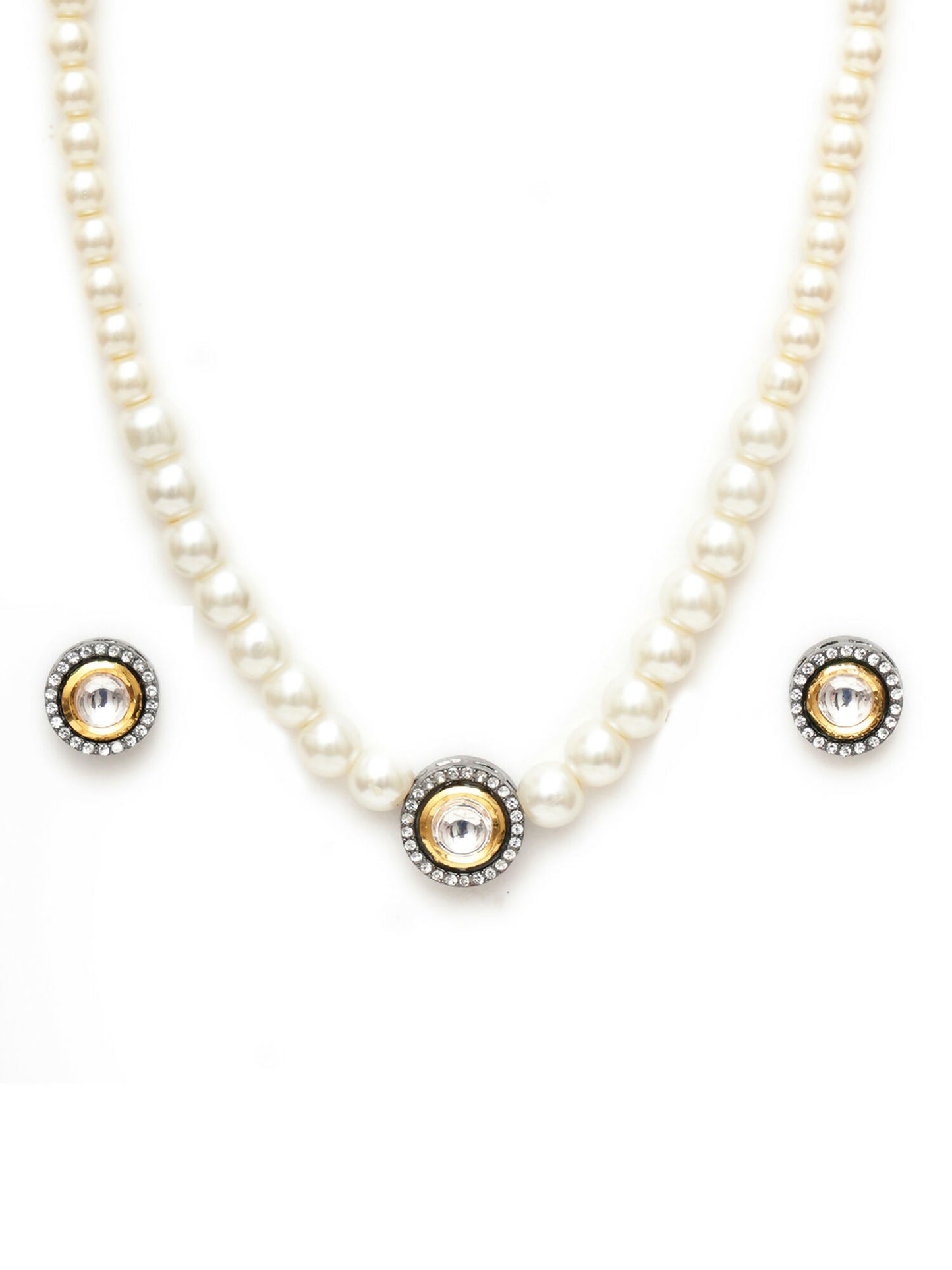 Kundan and Pearl Choker with Studs Jewellery Set (white) - Ruby Raang - Distacart