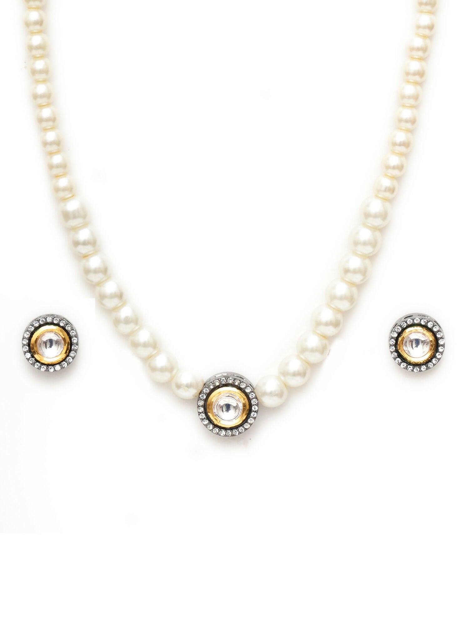 Kundan and Pearl Choker with Studs Jewellery Set (white) - Ruby Raang - Distacart