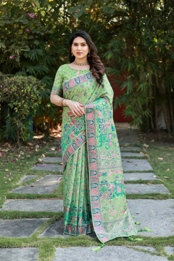 Vastranavya Luxury and Beautiful Soft, Smooth, Flowing Original Pashmina Soft Cotton Saree with Matching Blouse Fabric - Pista - Distacart