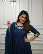 Thumbnail for The52 Blue Women's Gorgeous Viscose Fabric Embroidered Work Flared Kurta Pant and Dupatta Set - Distacart