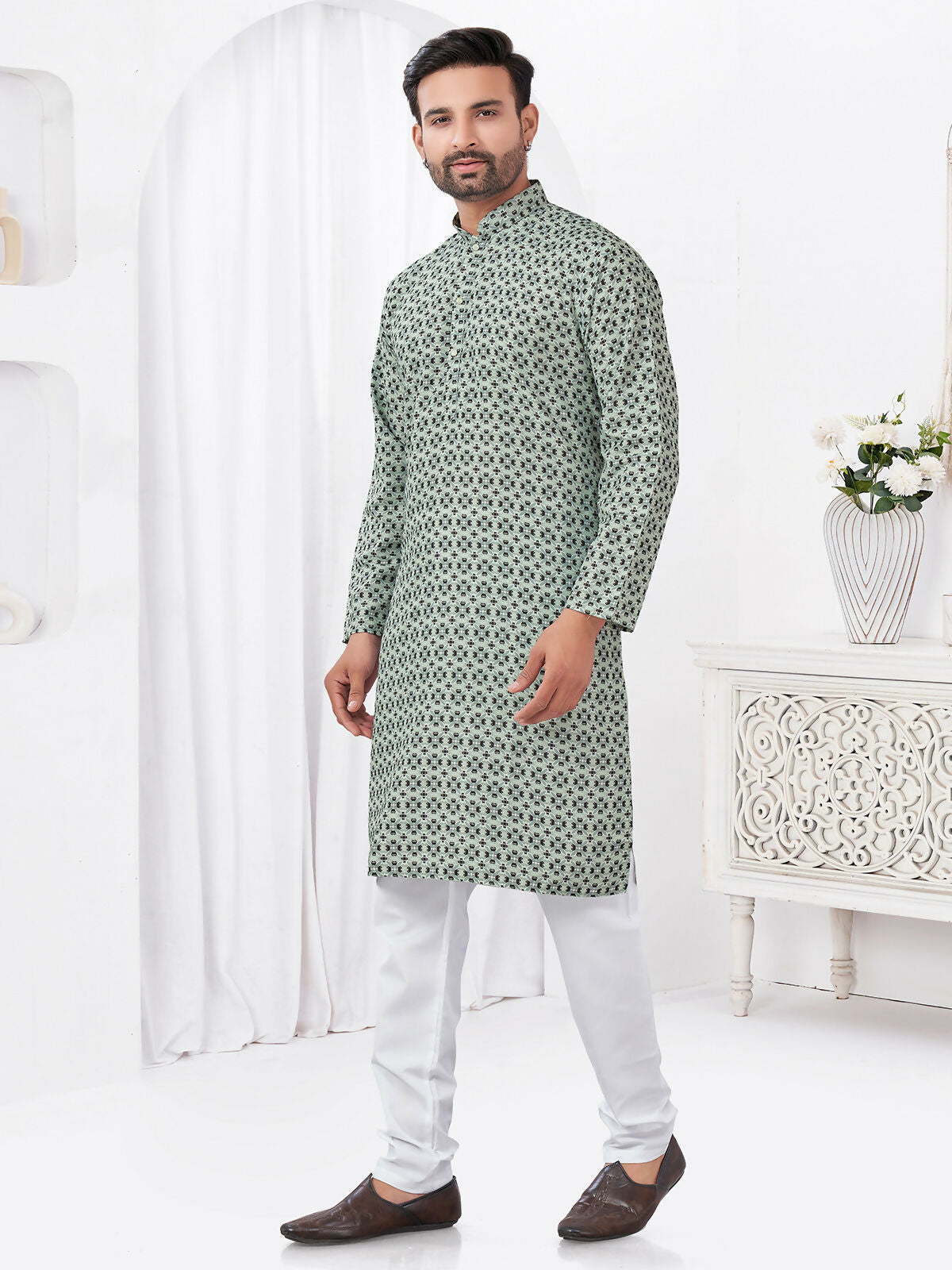 Joban Fashion Men's Rayon Cotton Grey Printed Kurta Pyjama set - Distacart