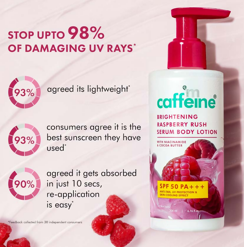 mCaffeine Brightening Raspberry Rush Serum Body Lotion SPF 50 PA+++