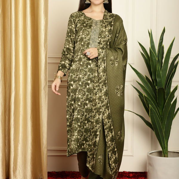 Jyoti Fashion Women's Green Pashmina Floral Digital Printed Kurta with Trouser & Dupatta - Distacart