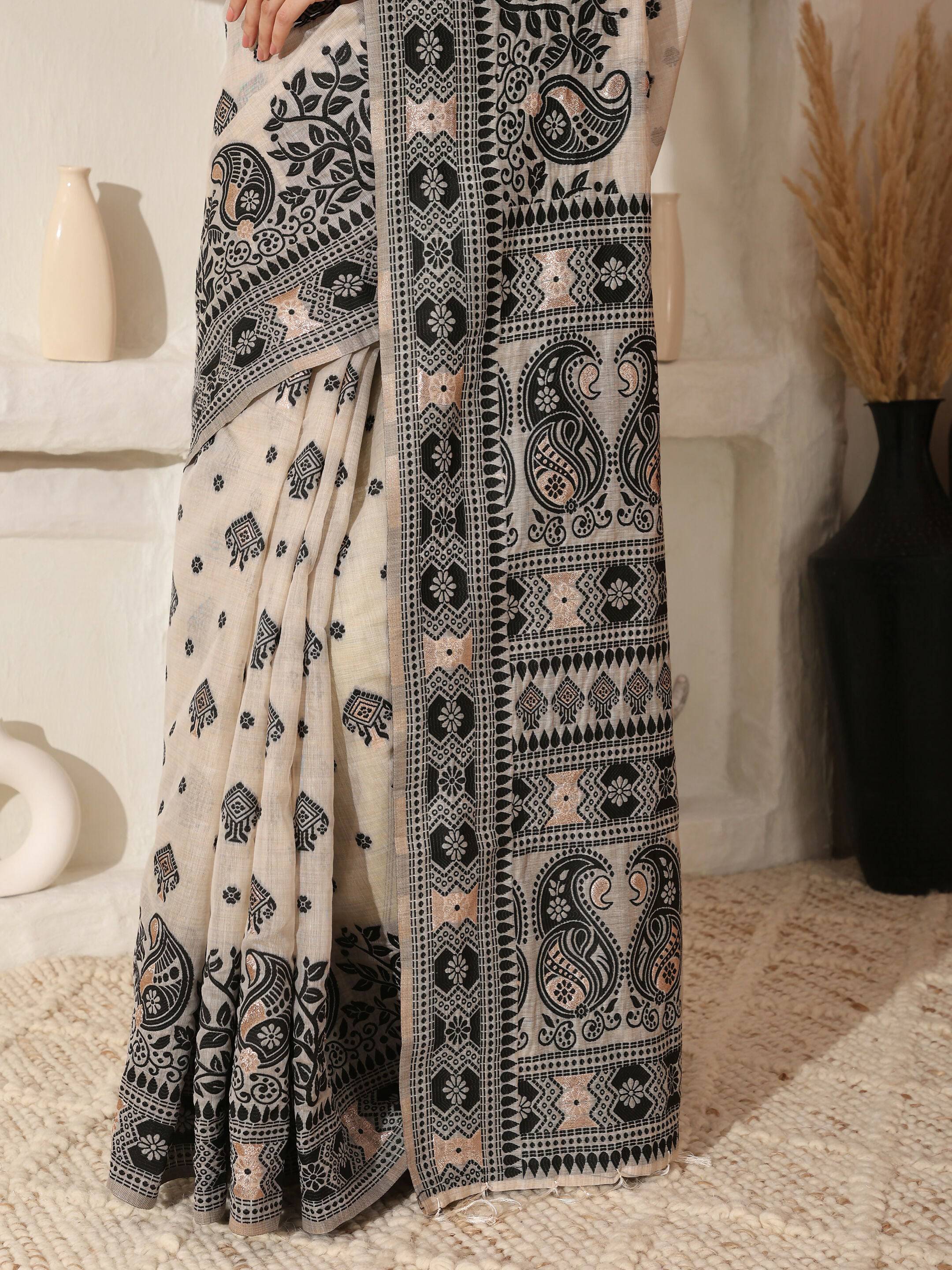 Astita Linen Cotton Black & Cream Saree