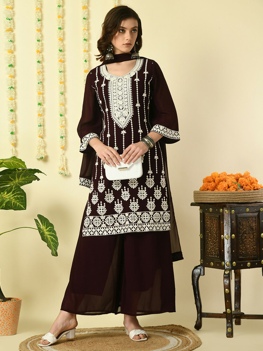 Myshka Women's Coffee Brown Georgette Kurta & Palazzos With Dupatta Party Sets - Distacart