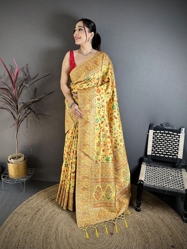 Elora Golden Yellow Pashmina Silk Meenakari Weaving Madhubani Design Kashmiri Saree