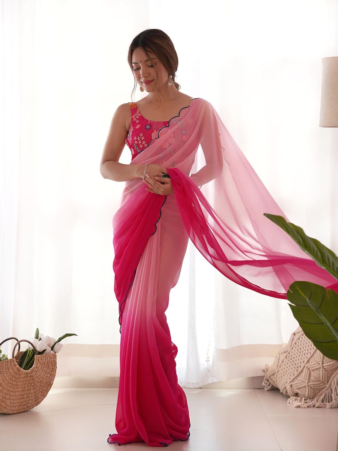 Mitera Colourblocked Embroidered Pure Georgette Saree - Distacart