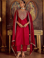 Thumbnail for Indo Era Ethnic Floral Embroidered Zari Work Detail Regular Sleeves Round Neck Kurta Set