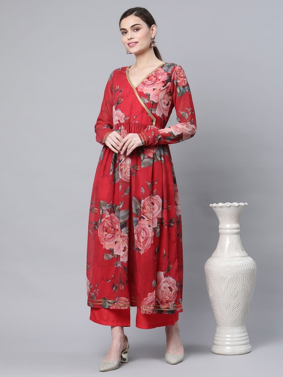 Ahalyaa Women Red Georgette Digital Floral Printed Kurta Palazzo Set - Distacart