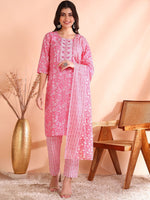 Thumbnail for Ode by House of Pataudi Thread Work Pure Cotton Straight Kurta with Trousers & Dupatta - Distacart