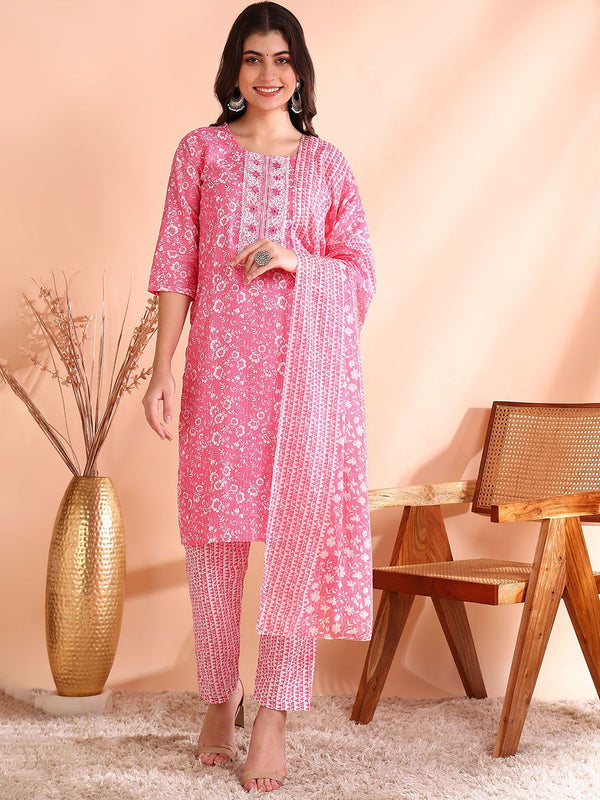 Ode by House of Pataudi Thread Work Pure Cotton Straight Kurta with Trousers & Dupatta - Distacart