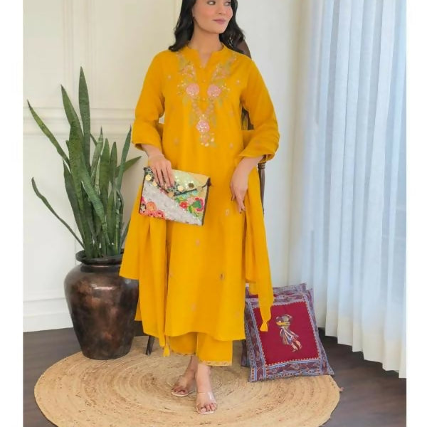 The52 Women's Beautiful Rayon Slub Fabric Embroidery Work Straight Kurta Pant and Dupatta Set - Distacart