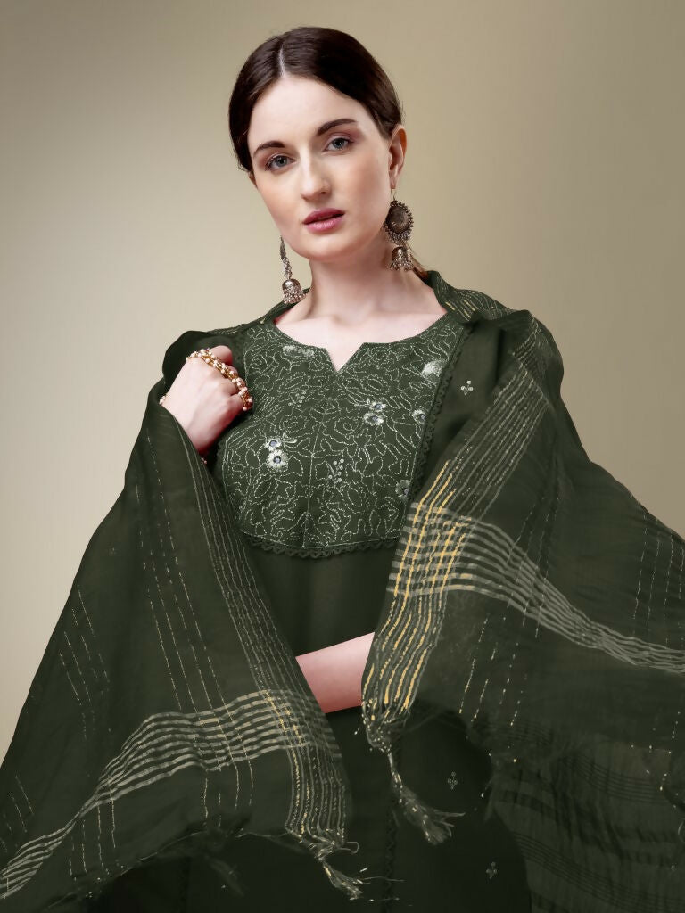 Jyoti Fashion Women's Dark Green Cotton Blend Embroidery & Fancy Lace work Kurta with Trouser & Dupatta - Distacart