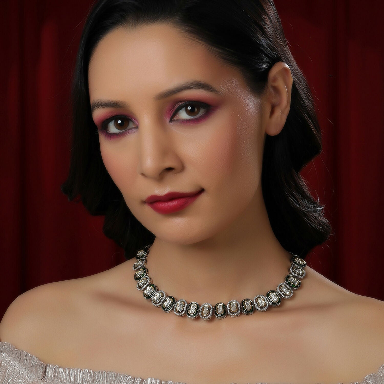 Mufli (peanut) Kundan Neckpiece with Meenakari and American Diamonds (Silver) - Ruby Raang - Distacart