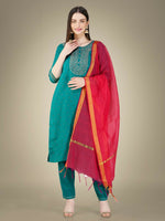 Thumbnail for Jyoti Fashion Women's Rama Cotton Magic Slub Embroidery & Sequence work Kurta with Trouser & Dupatta - Distacart