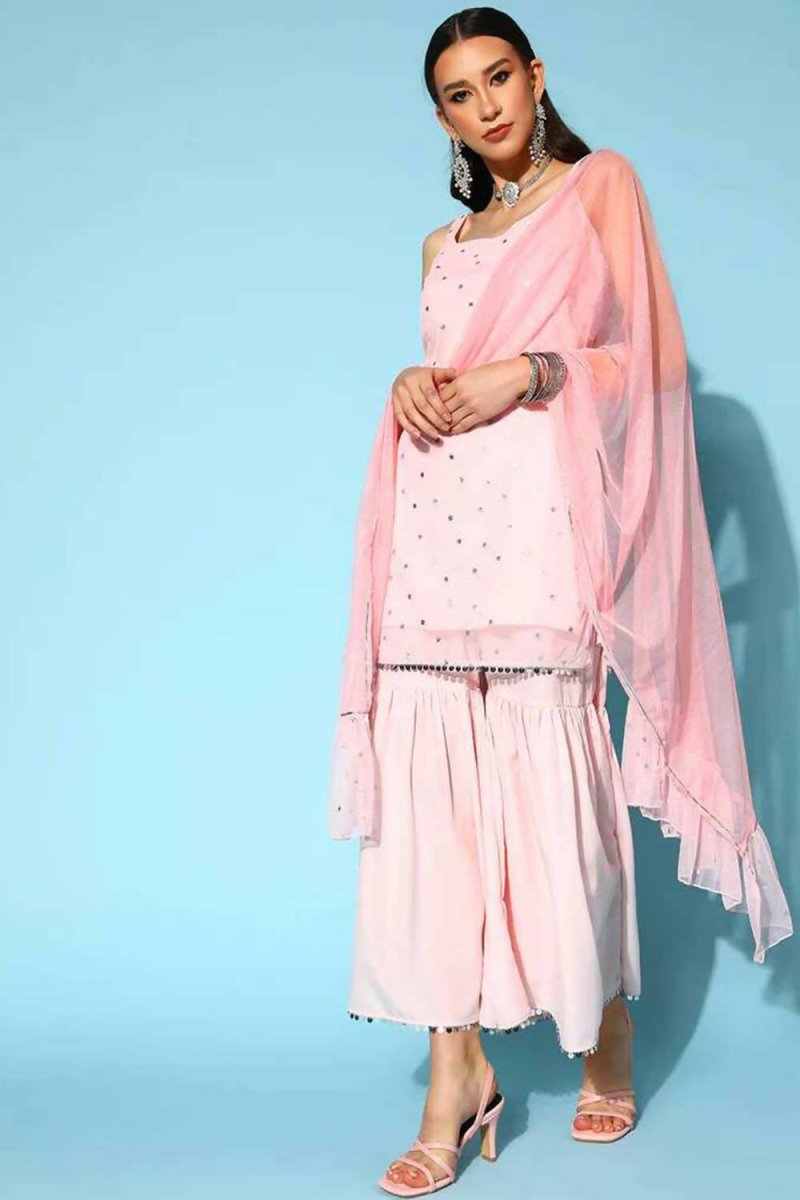 Ahalyaa Women Pink Colour Crepe Silver Foil Printed Kurta Sharara Set - Distacart