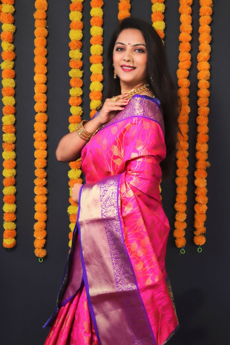 Jyoti Fashion Women's Pink Kanjivaram Silk Zari Woven Saree with Blouse - Distacart