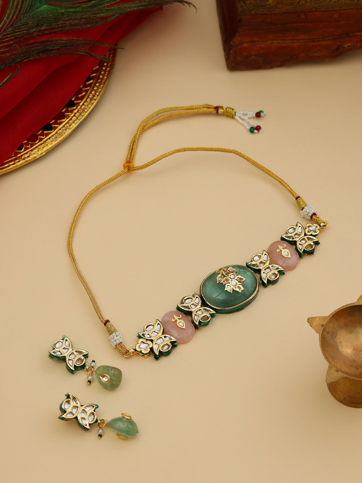 Ruby Raang 22k Gold Polished Kundan And Mint Colored Stonework Choker With Matching Earrings