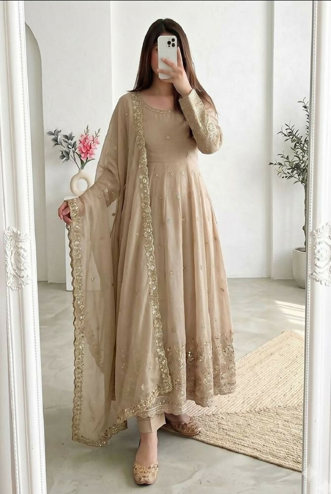 Teeya Creation New Stylish Trendy Elegant Cream Embroidered Anarkali Suit with Dupatta - Dista