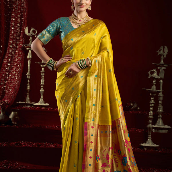 Joban Fashion Yellow Paithani Silk Blend Butti Saree