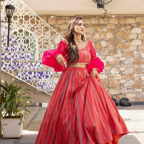 Wedding Designer Red Pink Chanderi Designer Lehenga - Anbazaar - Distacart