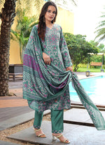 Thumbnail for Prazu Fashion Teal Green Cotton Silk Floral Printed Thread Sequence Salwar Suit - Distacart