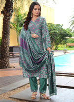 Thumbnail for Prazu Fashion Teal Green Cotton Silk Floral Printed Thread Sequence Salwar Suit - Distacart