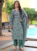 Thumbnail for Prazu Fashion Teal Green Cotton Silk Floral Printed Thread Sequence Salwar Suit - Distacart
