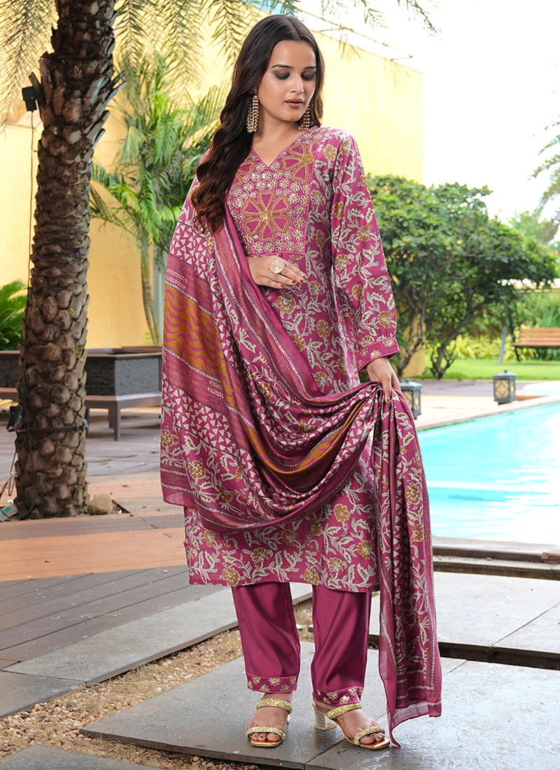 Prazu Fashion Maroon Cotton Silk Floral Printed Thread Sequence Salwar Suit - Distacart