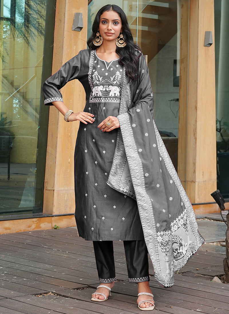 Prazu Fashion Grey Art Silk Thread Sequins Embroidered Wedding Suit