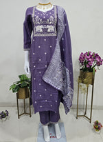 Thumbnail for Prazu Fashion Lavender Art Silk Thread Sequins Embroidered Wedding Suit - Distacart