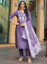 Thumbnail for Prazu Fashion Lavender Art Silk Thread Sequins Embroidered Wedding Suit - Distacart