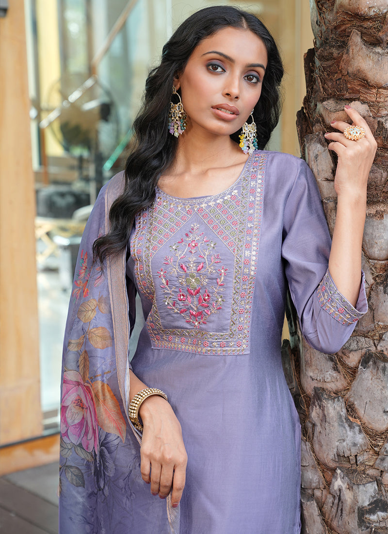 Prazu Fashion Lavender Cotton Silk Thread Sequence Designer Salwar Suit - Distacart