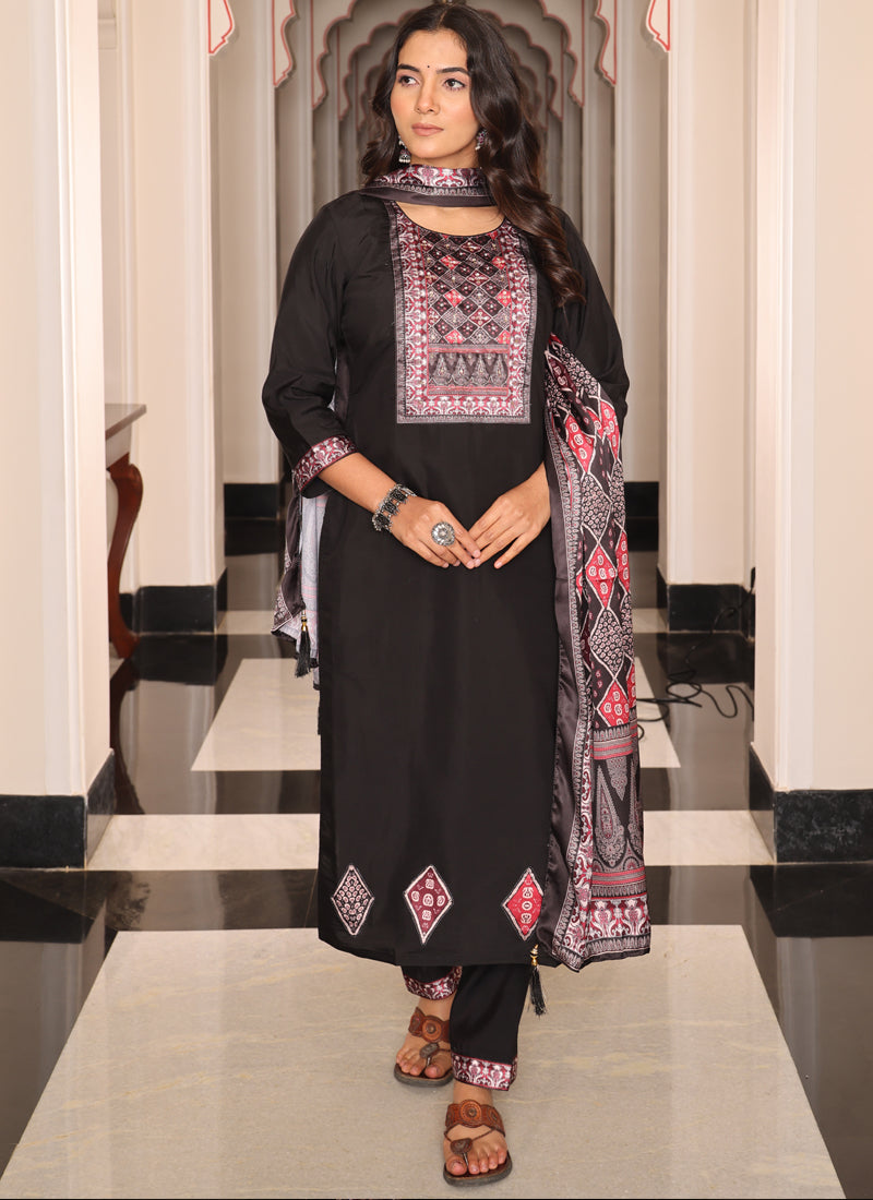 Prazu Fashion Black Viscose Shimmer Thread Embroidered Salwar Suit