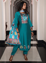 Thumbnail for Prazu Fashion Teal Blue Viscose Shimmer Thread Embroidered Salwar Suit - Distacart