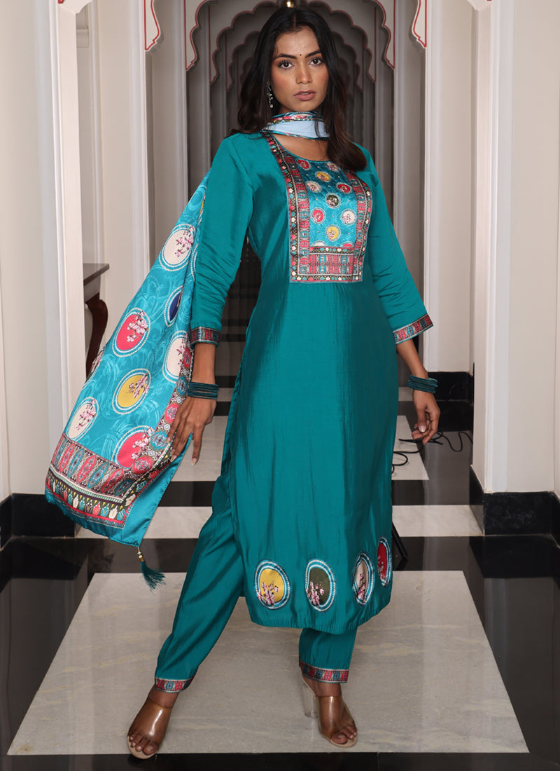 Prazu Fashion Teal Blue Viscose Shimmer Thread Embroidered Salwar Suit
