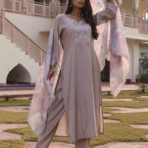Prazu Fashion Beige Cotton Silk Thread Sequence Designer Salwar Suit