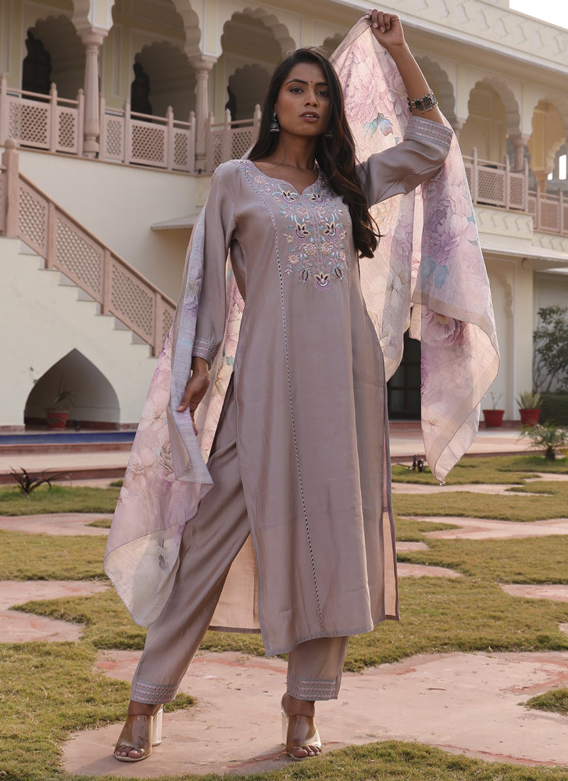 Prazu Fashion Beige Cotton Silk Thread Sequence Designer Salwar Suit