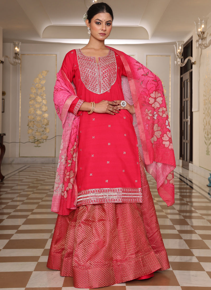 Prazu Fashion Pink Cotton Silk Embroidered Sequence Lehenga Style Suit - Distacart