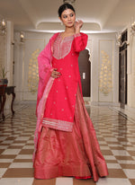 Thumbnail for Prazu Fashion Pink Cotton Silk Embroidered Sequence Lehenga Style Suit - Distacart