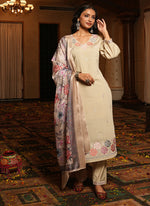 Thumbnail for Prazu Fashion Beige Cotton Silk Thread Sequence Designer Salwar Suit - Distacart